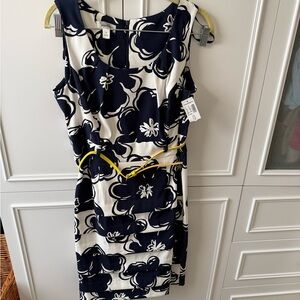 NWT Dress Barn Navy and White Floral Midi Dress with Yellow Belt!